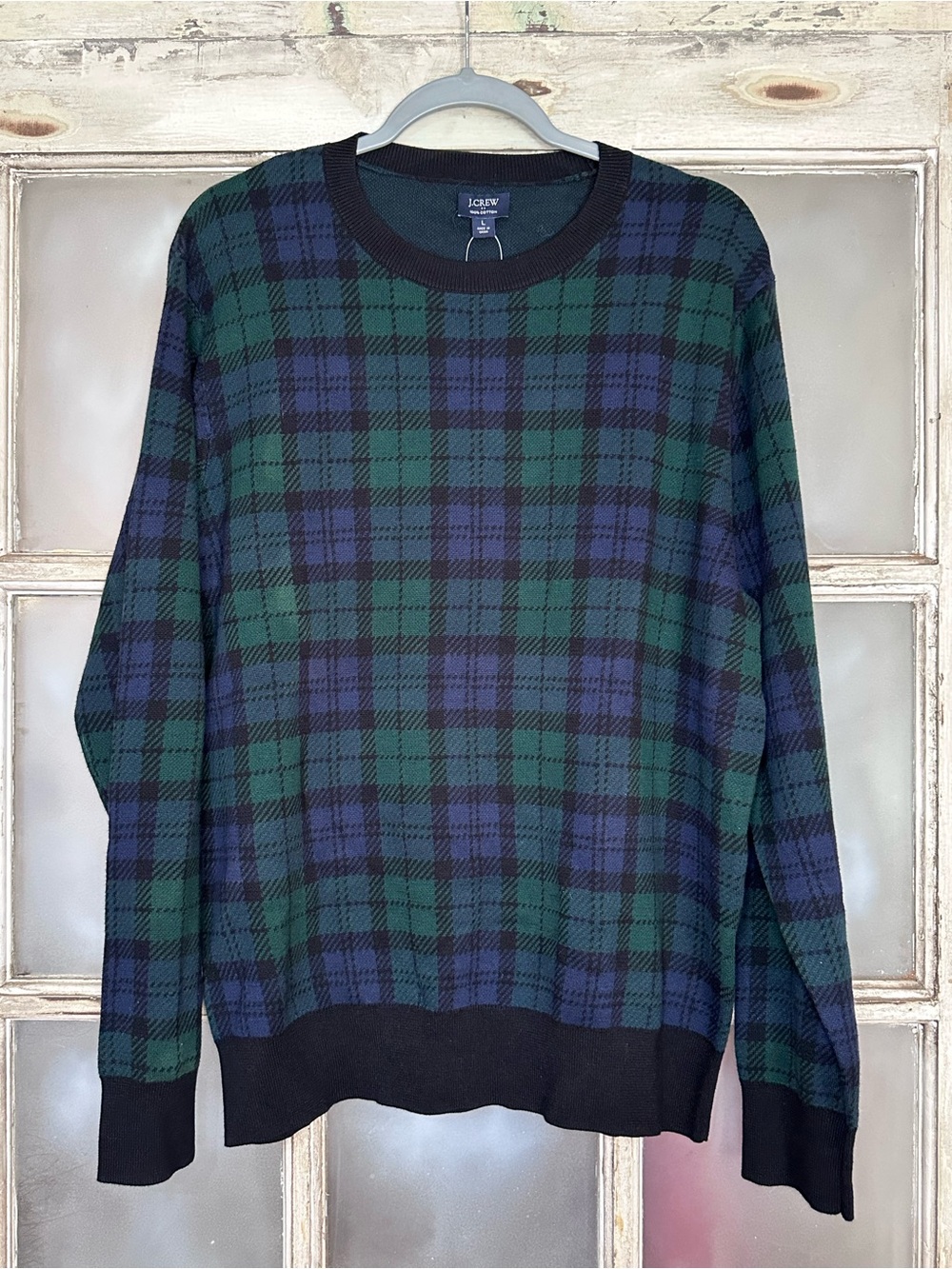 J. Crew Men’s Green & Navy Plaid Crewneck Sweater with Black Trim Size Large
